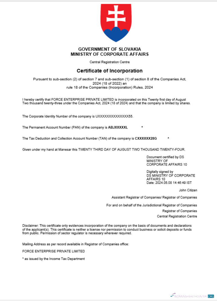 Download Slovakia business registration certificate Word and PDF template Photoshop template